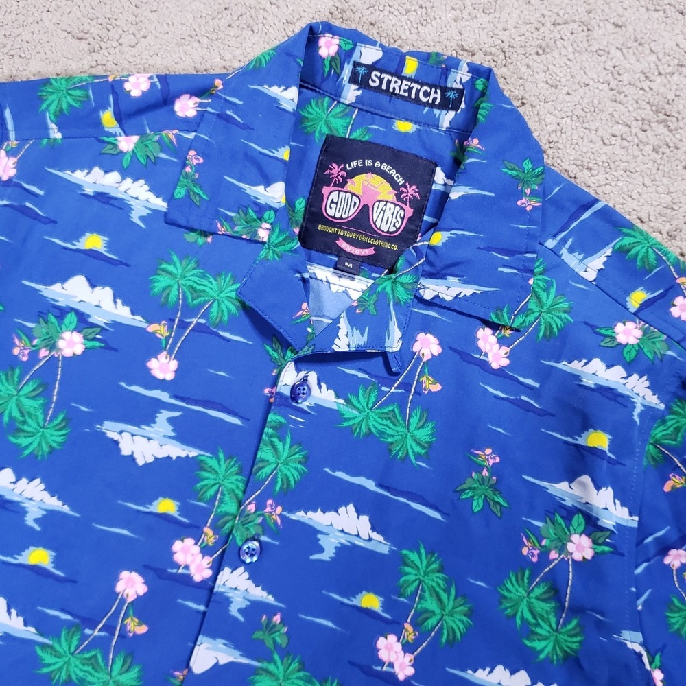 Good Vibes Hawaiian Shirt Men M Blue Palm Tree Hibiscus Loop Collar Camp Stretch